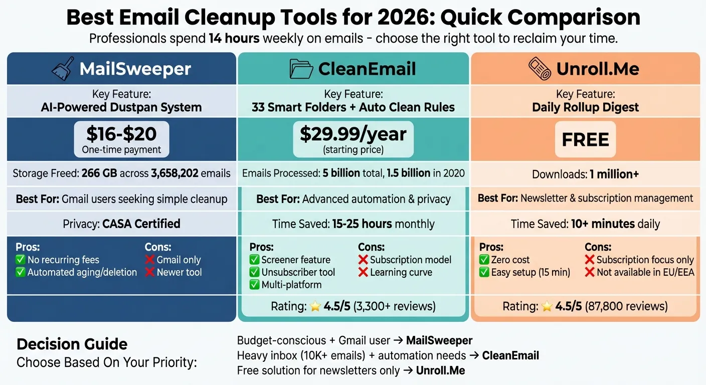 Email Cleanup Tools Comparison 2026: Features, Pricing and Best Use Cases