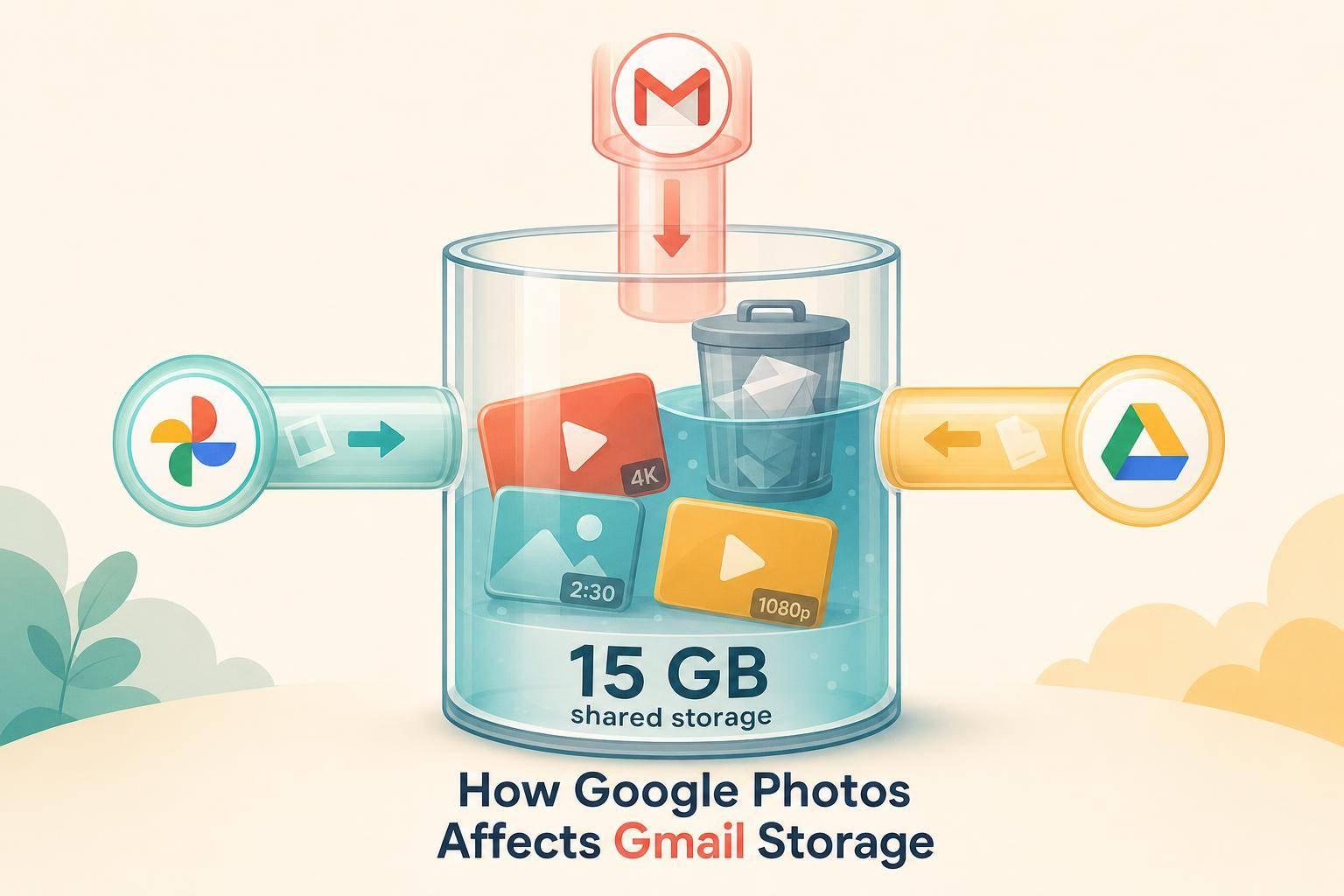 Photos share a 15GB pool with Gmail and Drive; upload quality, Trash, and large videos can fill Gmail's storage.