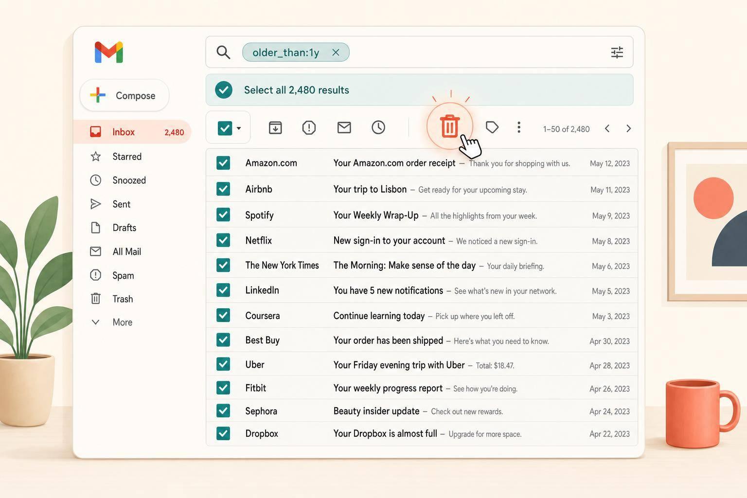 Step-by-step Gmail desktop method to select and delete all matching emails, with search filters, Trash tips, and automation options.