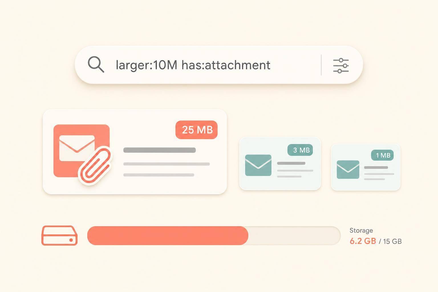 Use Gmail search operators like larger: and has:attachment to locate and remove big emails and free up Google account storage.