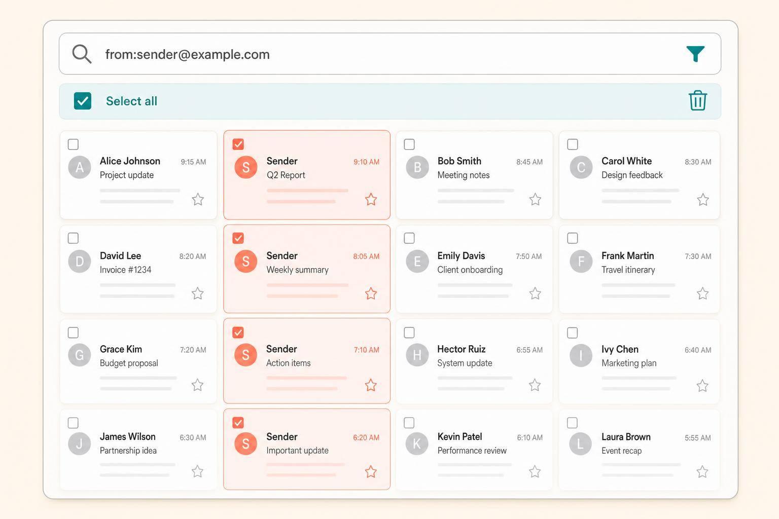 Group emails with Gmail's from: search, use the desktop 'Select all' link to bulk-delete matching conversations, and create filters.