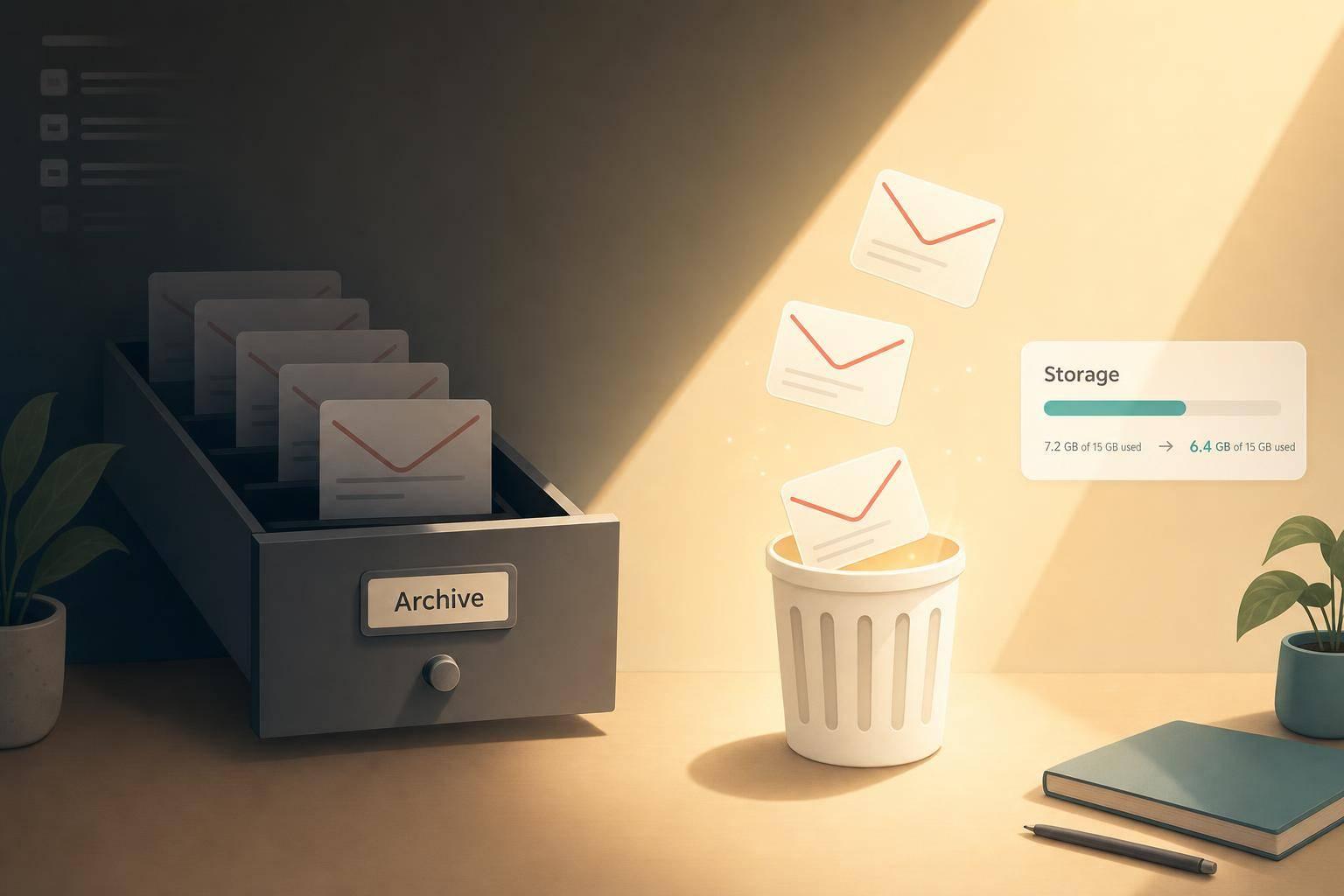 Archive hides messages but doesn't free space - delete and empty Trash to reclaim Gmail storage.