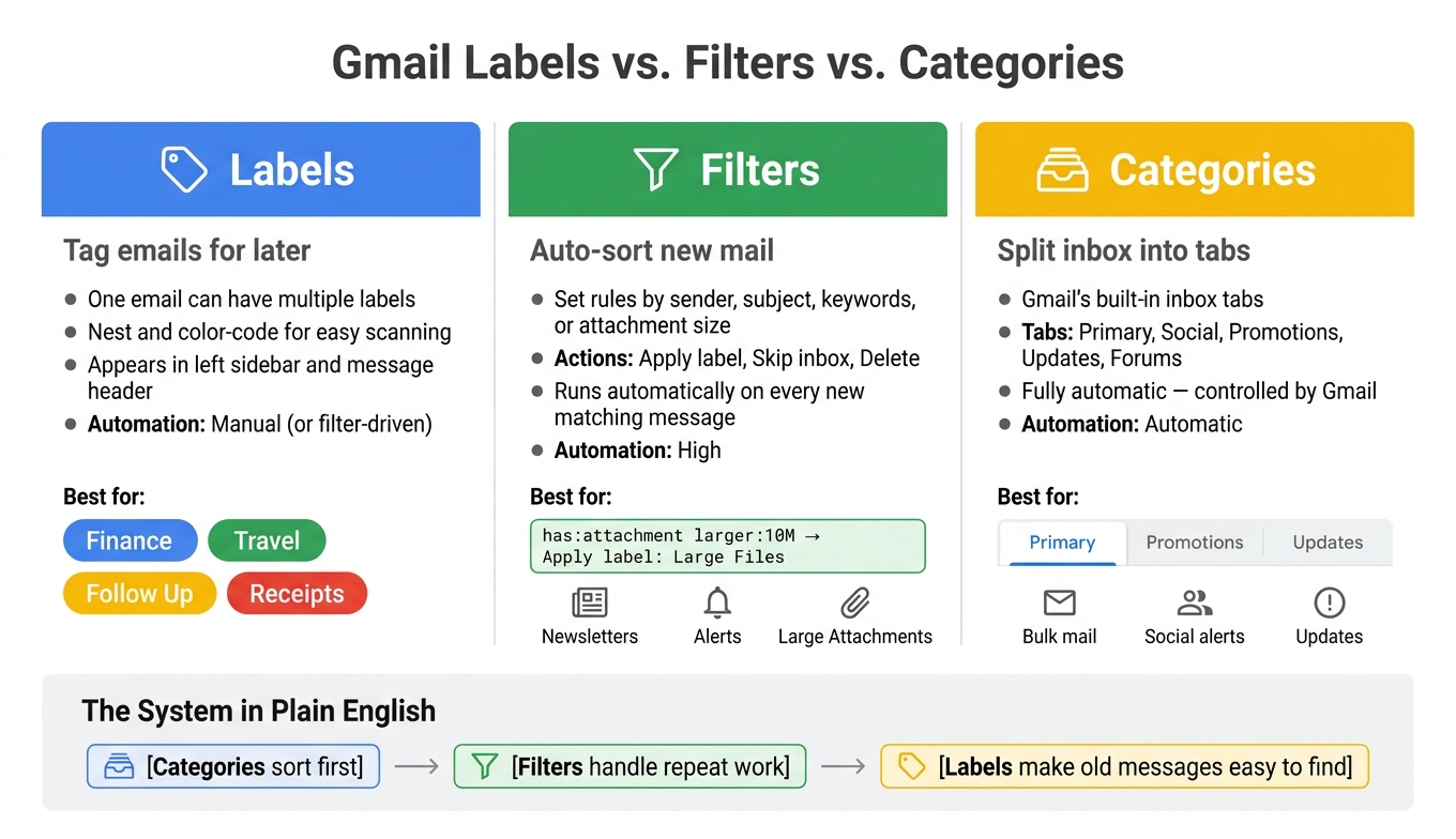 Gmail Labels vs. Filters vs. Categories: Quick Comparison Guide